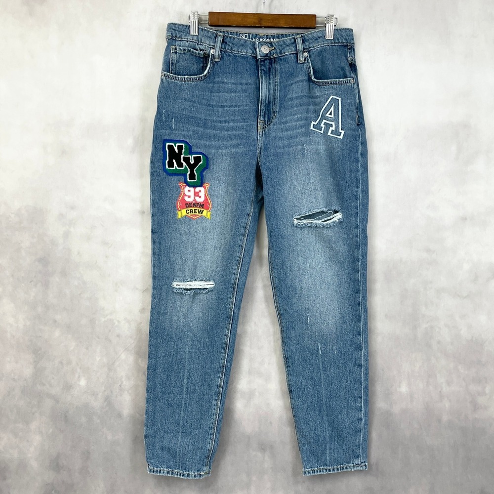 No Boundaries Womens Jeans 13 NY Patch Distressed‎ Streetwear Y2K Grunge Varsity
